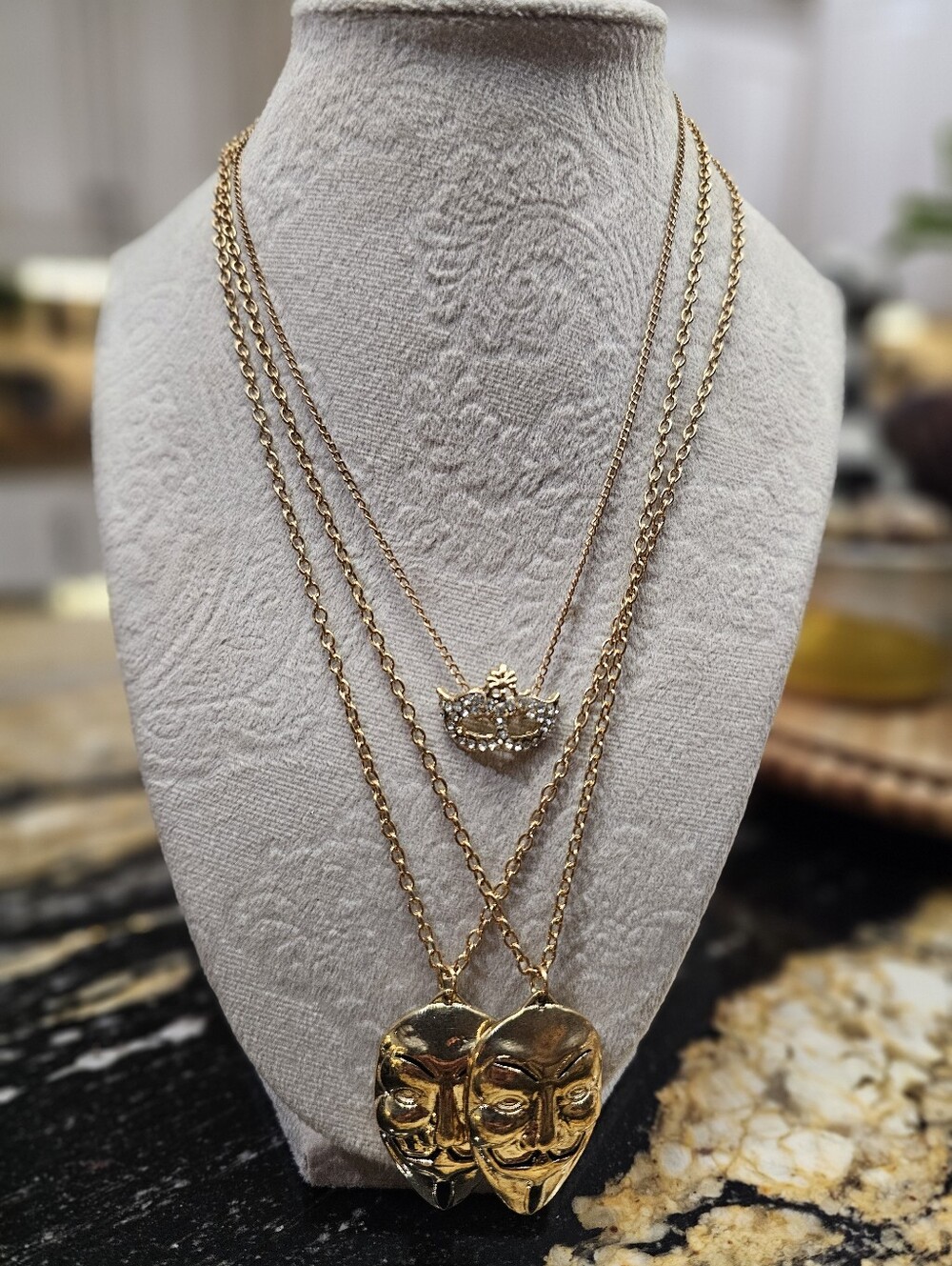 Gold Layered Mask Pendant Necklace/Earring Set